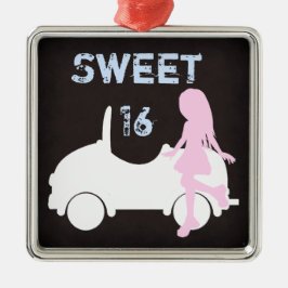 Ornamento De Metal Modern Sweet 16 Silhouette Girl and Car Christmas