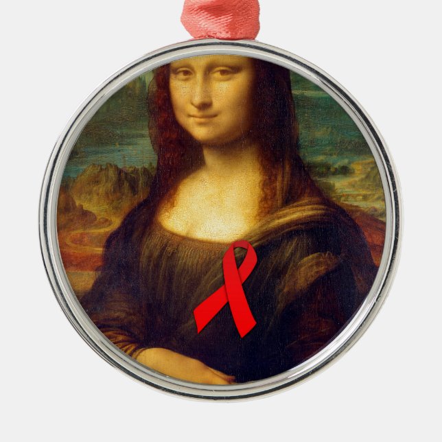 Ornamento De Metal Mona Lisa Red Ribbon (Frente)