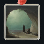 Ornamento De Metal Monges em Grotto (por Carl Blechen)<br><div class="desc">Esta design apresenta uma pintura do artista alemão Carl Blechen (1798-1840), que era membro do movimento romântico. Mostra dois monges em uma caverna ao lado de uma praia. O sol brilhante está descendo no céu fora da praia. Um dos monges está de pé e o outro monge está sentado em...</div>
