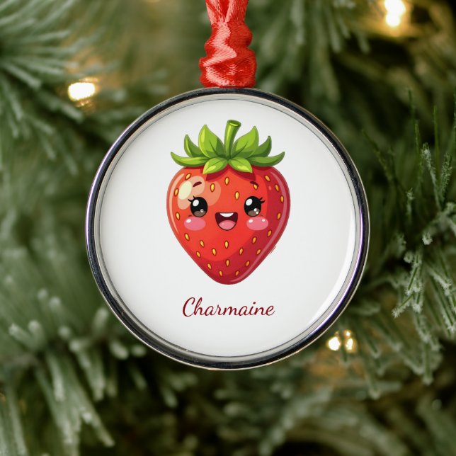 Ornamento De Metal Monogram cute strawberry kawaii (Árvore)