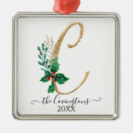 Ornamento De Metal Monograma C Holly Christmas Dourada Glitter Family