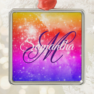 Ornamento De Metal Monograma Celestial Ombre Rosa Coral e Roxo