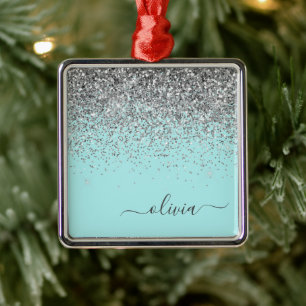 Ornamento De Metal Monograma da Garota Azul-Teal Azul-Brilhante