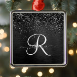 Ornamento De Metal Monograma de brilho preto personalizado<br><div class="desc">Personalize facilmente esse design elegante ornamento de tendência,  com brilho bonito preto cintilante em um fundo metálico escovado preto.</div>
