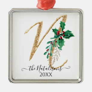 Ornamento De Metal Monograma de Folhagem Holly de Natal Dourado com b
