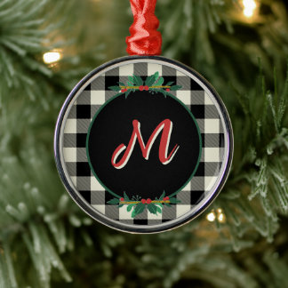 Ornamento De Metal Monograma de Xadrez Búfalo Preto e Branco de Natal