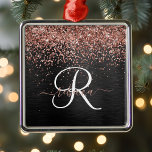 Ornamento De Metal Monograma do Sparkle preto com brilho Dourado com<br><div class="desc">Personalize facilmente esse design elegante de ornamento,  modesto,  com brilho bonito de ouro rosa em um fundo metálico escovado preto.</div>