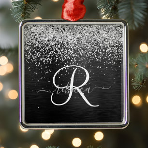 Ornamento De Metal Monograma do Sparkle Preto com Glitter de Prata Pe