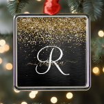 Ornamento De Metal Monograma Dourado de brilho preto com brilho perso<br><div class="desc">Personalize facilmente esse design elegante de ornamento,  modesto,  com brilho bonito de ouro brilhante em um fundo metálico escovado preto.</div>