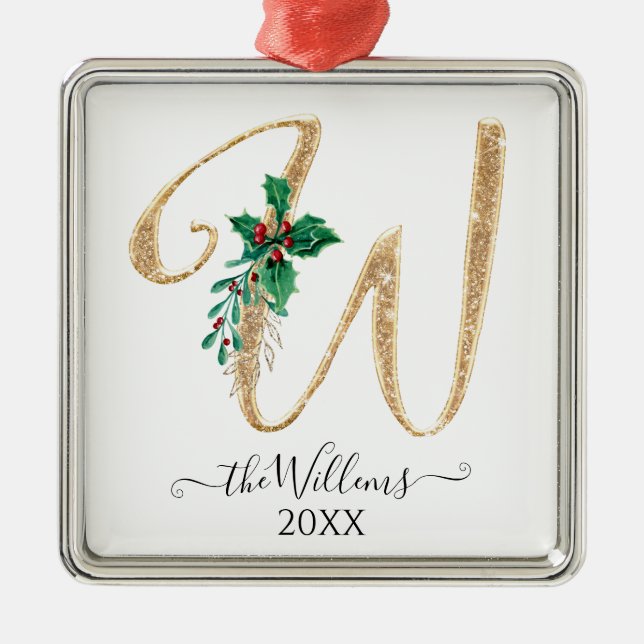 Ornamento De Metal Monograma Dourado W Folhagem Holly de Natal Glitte (Frente)