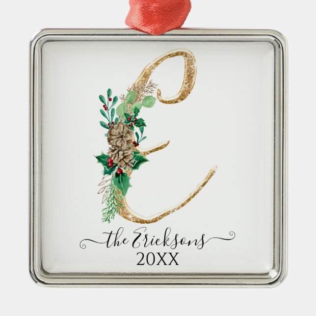 Ornamento De Metal Monograma E Família Holly Natal Dourada Glitter (Frente)