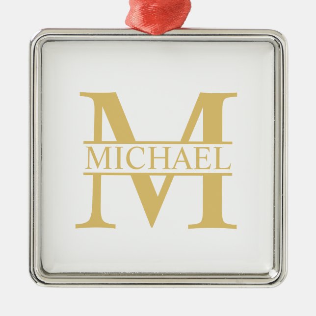 Ornamento De Metal Monograma e Nome Personalizados Branco e Dourado (Frente)