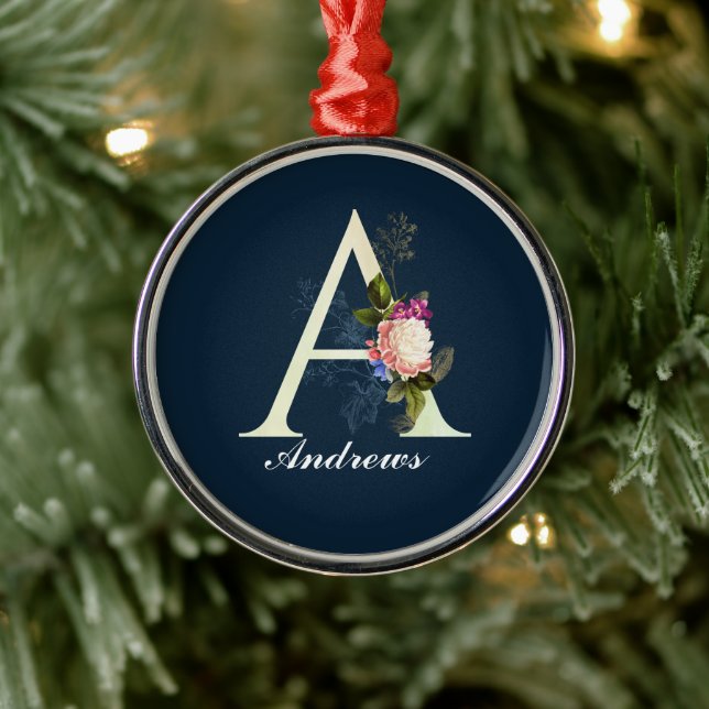 Ornamento De Metal Monograma Floral rico A Azul Escuro (Árvore)