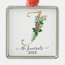 Ornamento De Metal Monograma I Dourado Pine Leve Cone Holly Natal