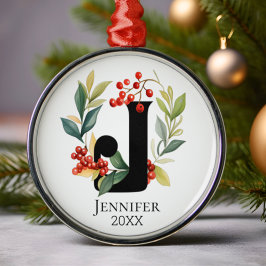 Ornamento De Metal Monograma - Letra Inicial J Berry Wreath Natal