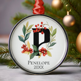 Ornamento De Metal Monograma - Letra Inicial P Berry Wreath Natal