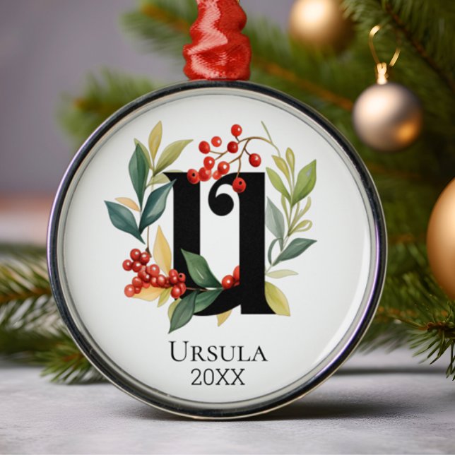 Ornamento De Metal Monograma - Letra Inicial U Berry Wreath Natal (Criador carregado)