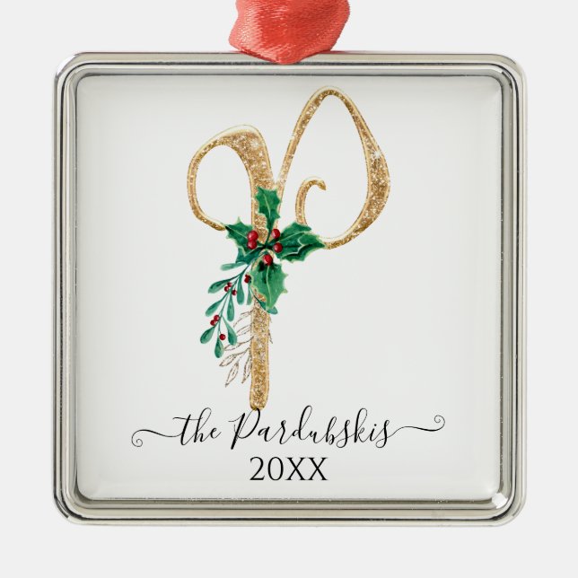 Ornamento De Metal Monograma P Folhagem Dourada de Natal Holly (Frente)