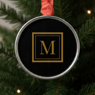 Ornamento De Metal Monograma Personalizado em Moldura Preta e Dourada