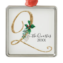 Monograma Q Folhagem Dourada de Holly de Natal com