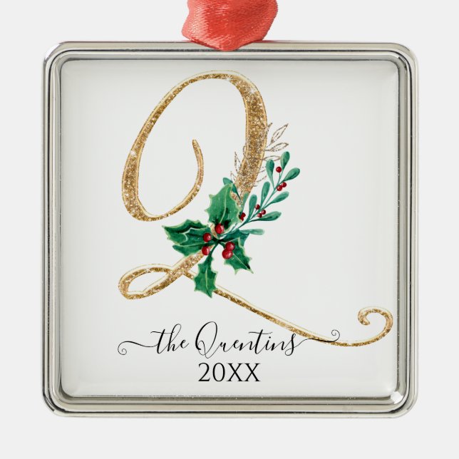 Ornamento De Metal Monograma Q Folhagem Dourada Holly com brilho de N (Frente)