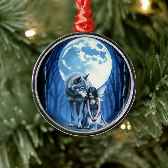 Ornamento De Metal Moonlit Bond – The Wolf and the Gothic Fairy.   (Árvore)