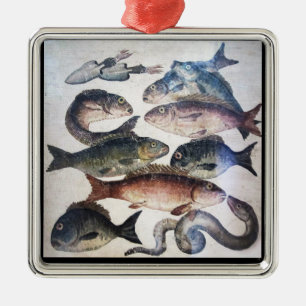 ORNAMENTO DE METAL MOSAICOS ROMANOS ANTIGOS, PEIXES, CENA DA VIDA