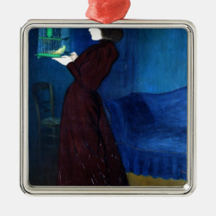 Ornamento De Metal Mulher com uma gaiola de pássaro