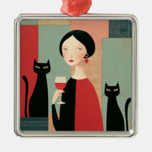 Ornamento De Metal Mulher Elegante Gatos Pretos e Vinho