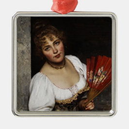 Ornamento De Metal Mulher Italiana Vintage Elegante com um Leque Verm
