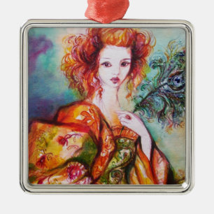 ORNAMENTO DE METAL MULHER ROMÂNTICA COM A PENA SPARKLING DO PAVÃO