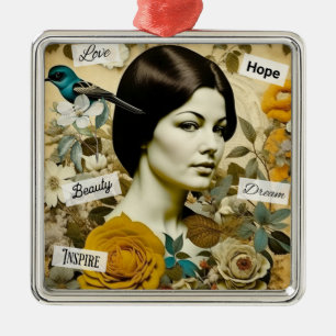 Ornamento De Metal Mulher Vintage e Natal Personalizado com Passarinh