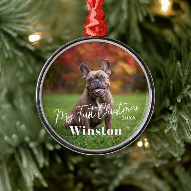 Ornamento De Metal My First Christmas Custom Pet Name Photo (Árvore)