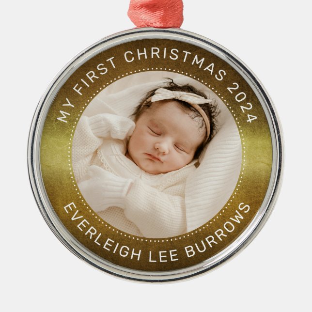 Ornamento De Metal My First Christmas White Personalized Baby Photo  (Frente)