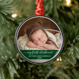 Ornamento De Metal Na moda Script Meu Primeiro Natal Verde