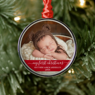 Ornamento De Metal Na moda Script My First Christmas Baby Red