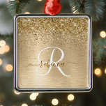 Ornamento De Metal Nam Monograma de Impressão de Glitter Metálico Bru<br><div class="desc">Personalize facilmente esse design de ornamento chic moderno com brilho bonito de ouro brilhante em um fundo metálico escovado de ouro.</div>