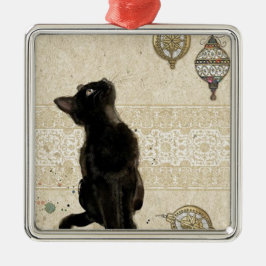 Ornamento De Metal Natais vintages, Gato Negro, Olhando Para Ornament