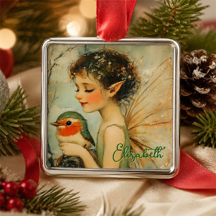 Ornamento De Metal Natais vintages personalizados fadas com Robin