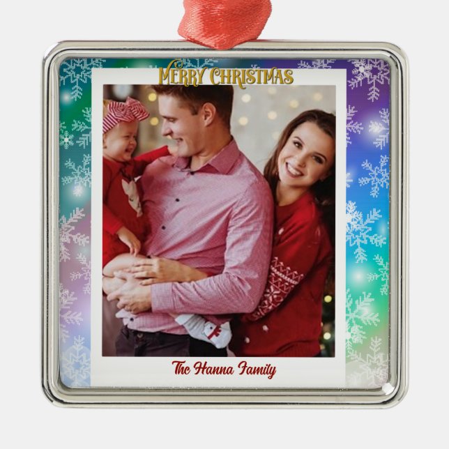 Ornamento De Metal Natal Adicione sua foto e nome, Floco de neve (Frente)
