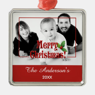 Ornamento De Metal Natal Alegre Moderno e Personalizado Foto Vermelha