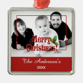 Ornamento De Metal Natal Alegre Moderno e Personalizado Foto Vermelha