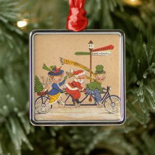 Ornamento De Metal Natal Antigo, Papai Noel andando de bicicleta