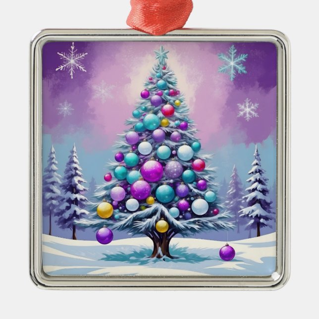 Ornamento De Metal Natal com pop Art Purple Hazing com neve (Frente)