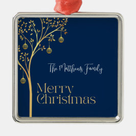 Ornamento De Metal Natal da Árvore Familiar Azul e Dourada do marinho