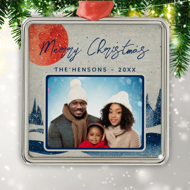 Ornamento De Metal Natal da família rustic Winter Forest Moon (Criador carregado)