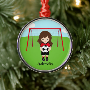Ornamento De Metal Natal da Garota de Futebol Marrom personalizada
