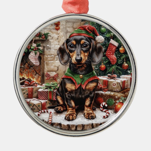 Ornamento De Metal Natal Dachshund Dogs Elf (Frente)
