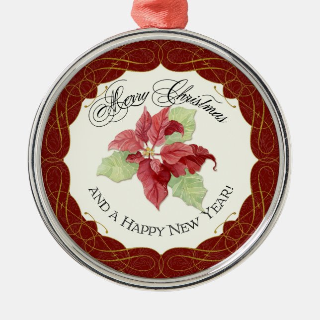 Ornamento De Metal Natal de Ano Novo Juntos Poinsettia Personalizar (Frente)