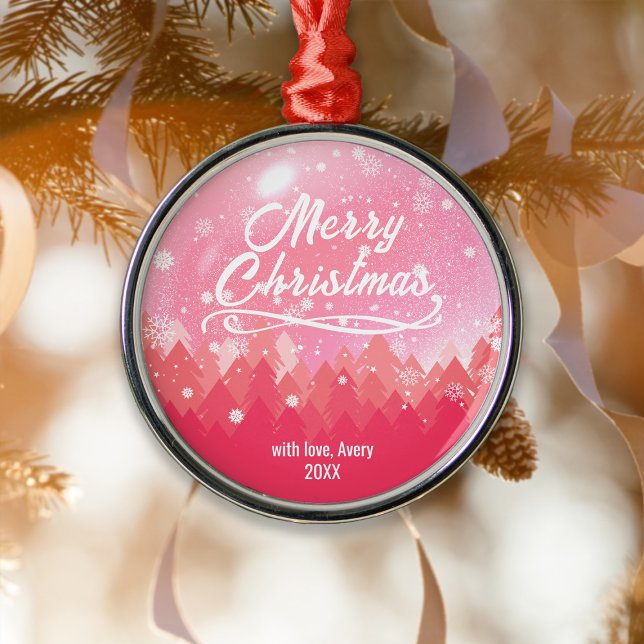 Ornamento De Metal Natal de Floresta de Neve Pacífica Rosa Personaliz (Criador carregado)